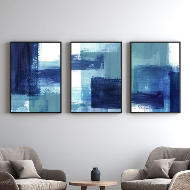 Abstrakte Leinwandkunst Potdemiel in Blau und Marineblau als modernes Wandbild für dein Wohnzimmer - Bild 1
