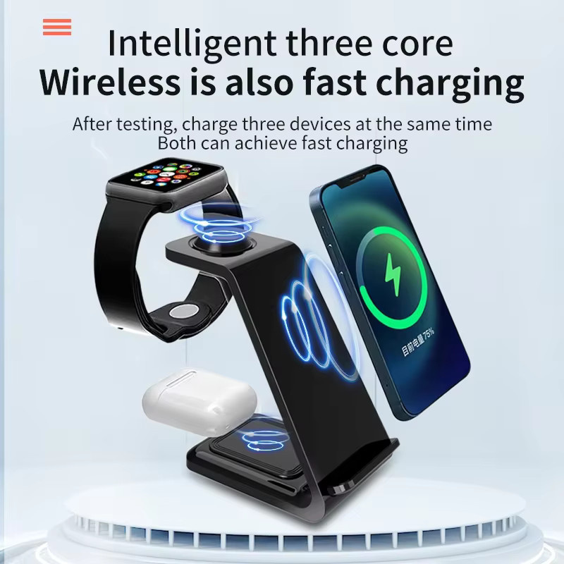 VIKEFON 3-in-1 Kabelloses Ladegerät Schnellladestation für Apple iPhone, Samsung Galaxy, Apple Watch und Kopfhörer in Schwarz - Bild 4