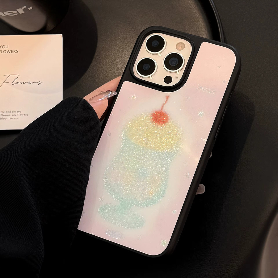 MUQGEW Handyhülle mit Kirschsaft-Design und Glitzer-Effekt für iPhone 12 bis 16 Pro Max, Schwarz und Multicolour, stoßfeste Acryl-Schutzhülle - Bild 5