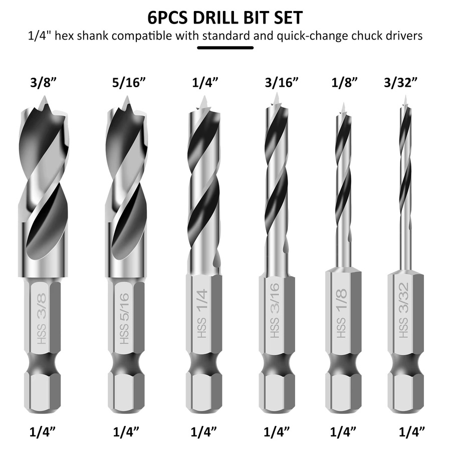 6er Set Brad-Punkt-Holzbohrer aus High Speed Stahl mit 1/4 Zoll Hex-Schaft in Silber - Bild 4
