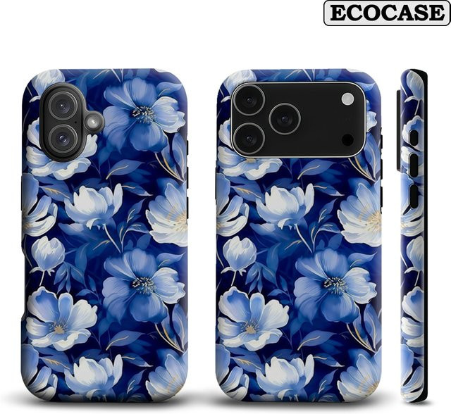 Marineblaue iPhone Hülle mit floralem Design für iPhone 17 16 15 14 13 12 Pro Max Plus mit doppelschichtiger Rückseite - Bild 1