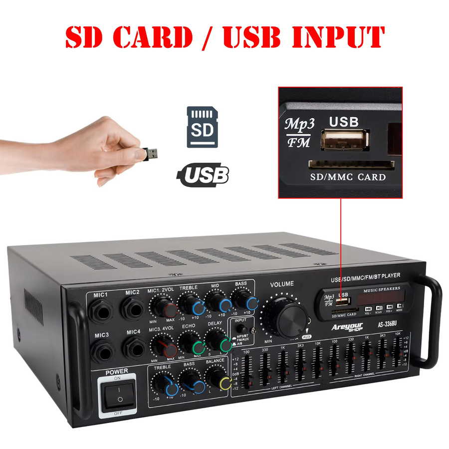 Sunbuck HiFi Stereo-Leistungsverstärker mit Bluetooth 5.0, 2000W, Karaoke, FM, USB und SD in Schwarz - Bild 3