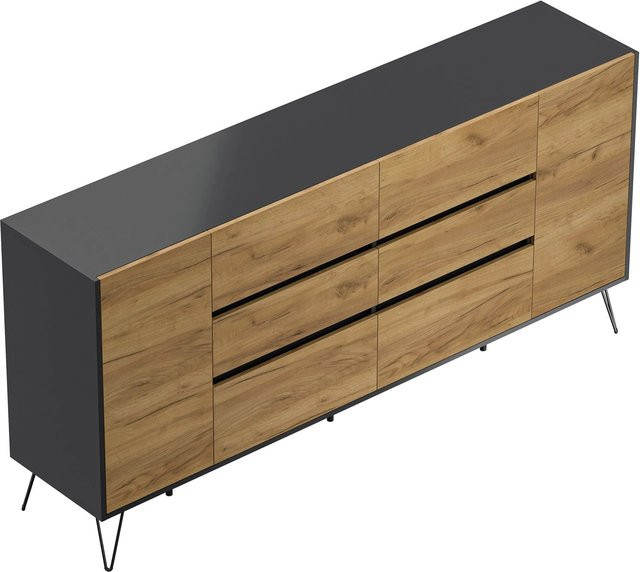 Posseik Sideboard Industrial R in Grafit und Eiche mit 6 Schubladen und 2 Türen, Breite: 200 cm - Bild 1