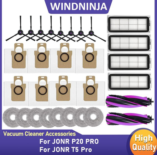 Ersatzteil-Set für JONR T5 Pro und P20 Pro Roboterstaubsauger mit Seitenbürsten, Staubbeuteln, HEPA-Filtern und Mopptüchern von WINDNINJA - Bild 1