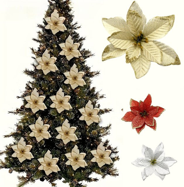DUTRIEUX 10er Set Weihnachtsbaum Dekorative Kunststoff Blumen in Gold Silber und Rot als Saisonale Ornamente - Bild 1