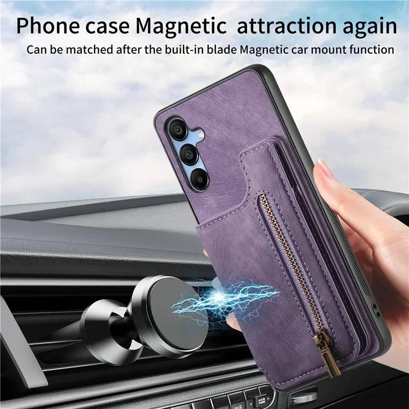 Retro Leder Handyhülle mit Reißverschluss und Geldbörse für Samsung Galaxy A-Serie in Lila - Bild 3