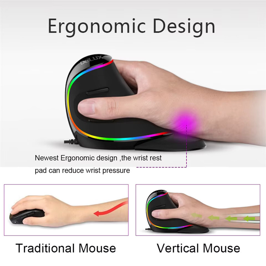 Delux M618 PLUS Vertikale Gaming-Maus in Schwarz, kabellos und kabelgebunden, RGB, 6 Tasten, 4000 DPI, ergonomisches Design für die rechte Hand, ideal für PC und Laptop - Bild 2