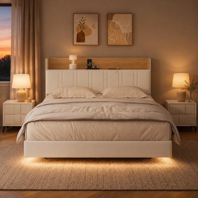 Doppelbettgestell HYNHXBP in Weiß mit PU-Lederbezug, schwebendes Design mit versteckten Beinen, Kopfteil mit Stauraum und Seitentaschen sowie Holzlattenrost, B/T: 140 x 190 cm - Bild 1