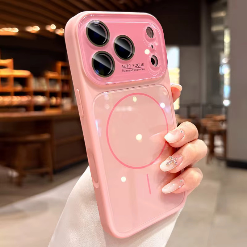 Xeber Luxuriöse Glas-Schutzhülle mit großem Fenster und MagSafe Magnetfunktion für iPhone 17, 16 Pro Max, 15 Pro, 14, 13 in Pink - Bild 1