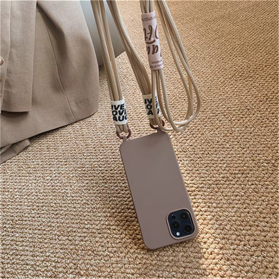 lolozzx Silikon Handyhülle mit Cord Strap Lanyard für iPhone 15 14 13 12 11 Pro Max Mini XS X XR 7 8 Plus Crossbody Halskette in Pink und Beige - Bild 2