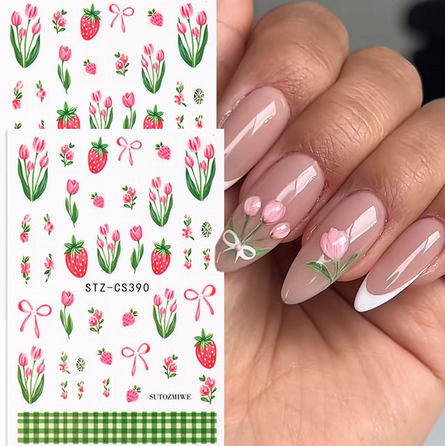 Nagelaufkleber Tulpenblumen, Rosa Tulpen, Erdbeere, Schleife, Glänzend - Bild 1