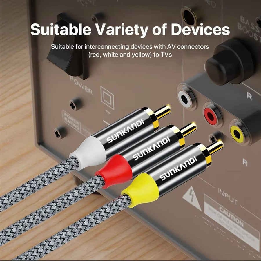 SUNKANDI Audio-Video-RCA-Kabel, 3-RCA-Stecker auf 3-RCA-Stecker, 24 Karat vergoldetes AV-Audiokabel in Gold und Multicolour für Lautsprecher, Verstärker und DVD-Player - Bild 4