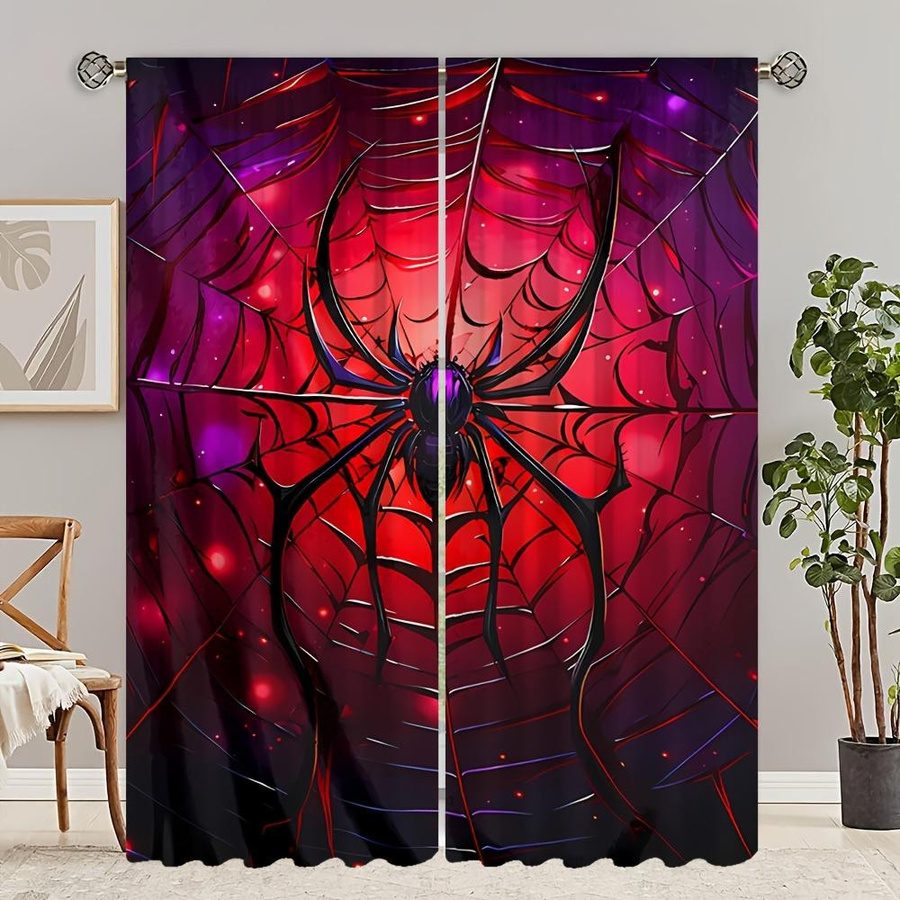2er-Set Rote Spinnennetz Vorhänge von Yiran Furniture mit Digitaldruck, halbtransparent, Polyester, Breite: 130 cm, Höhe: 130 cm - Bild 3