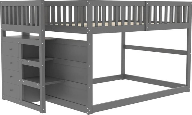 Merax Etagenbett für Kinder in Grau und Weiß mit Stauraum und Treppe aus Holz und MDF, B/T/H: 200 x 140 x 145 cm - Bild 1
