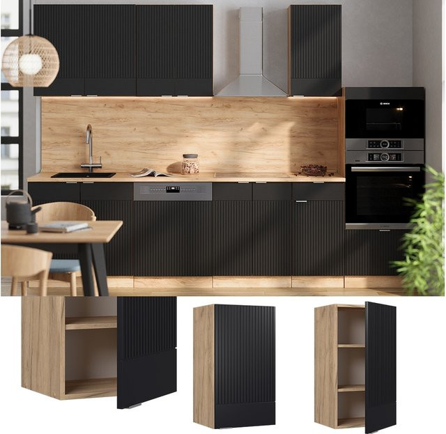 Vicco Hängeschrank Fame-Line Küche Eiche Schwarz gestreift mit Soft-Close-Scharnieren und Regalböden, Breite: 40 cm - Bild 1