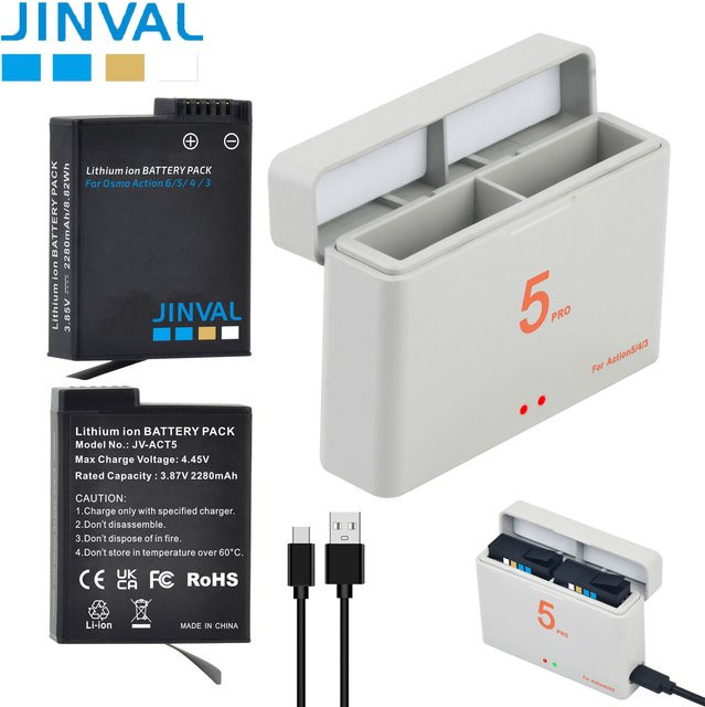 JINVAL Ersatzakku 2280 mAh mit PD20W Dual-Ladegehäuse für DJI Osmo Action 6 5 4 3 - Bild 1