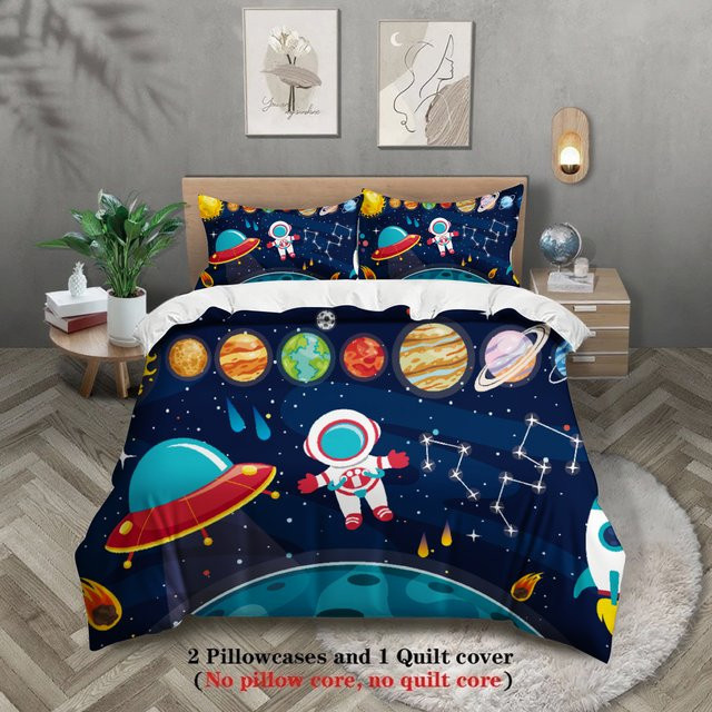 3-teiliges YHXSLY Bettwäsche-Set mit Weltraum-Astronauten-Motiv in Blau, bestehend aus Bettbezug und Kissenbezügen, B/H: 135 x 200 cm - Bild 1