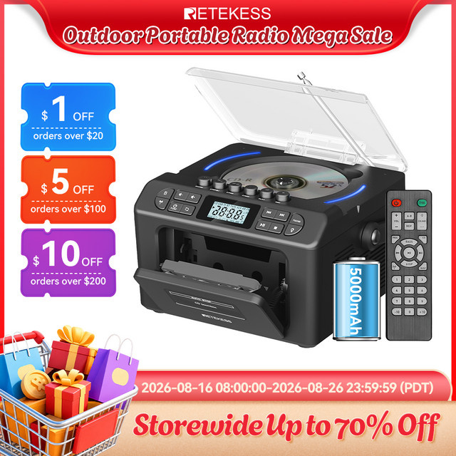 RETEKESS TR642 Multifunktionale Bluetooth Boombox in Schwarz mit CD-Player, Kassettenrekorder, USB, TF, AUX sowie AM/FM Radio - Bild 1