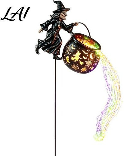 OceanWolf Halloween Gartenstecker Hexenkessel mit LED und bunter Metallverzierung, Schwarz/Mehrfarbig - Bild 1