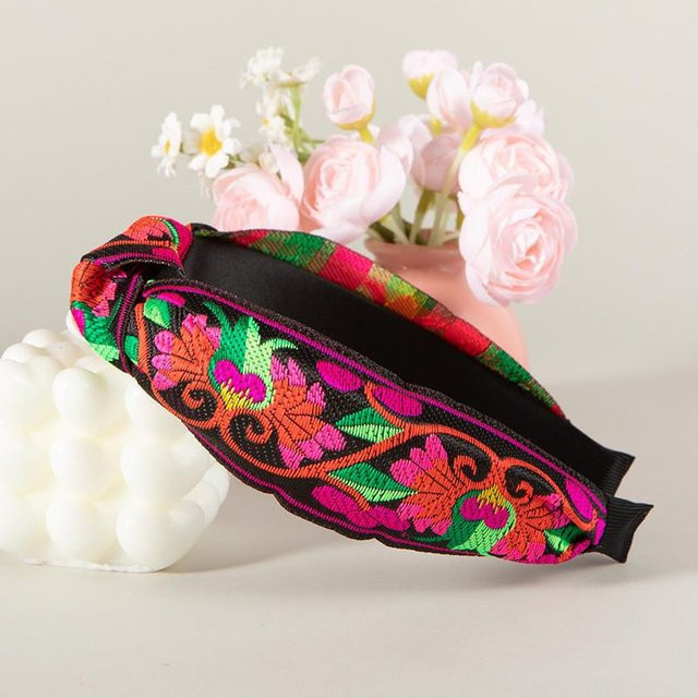 Haarreif Damen, Ethnisches Florales Stickband, Black - Bild 1