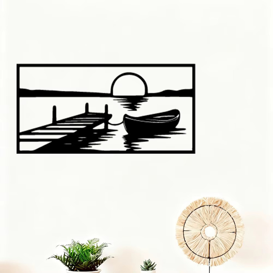 CIFBUY Lake Sunset Metall-Wandkunst in Schwarz – Wetterfeste maritime Gartendekoration mit nautischem Landschaftsmotiv - Bild 2