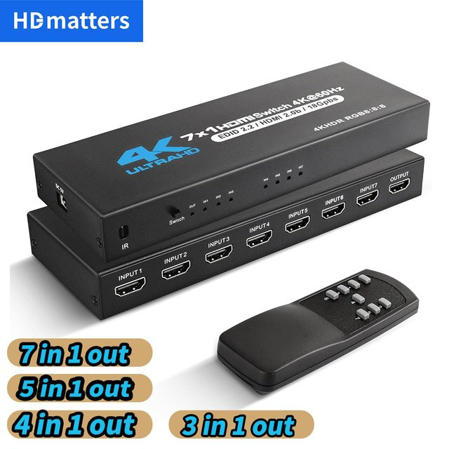 HDmatters HDMI 2.0 Switch 7 in 1 out mit Fernbedienung, 4K 60Hz HDR, Schwarz - Bild 1