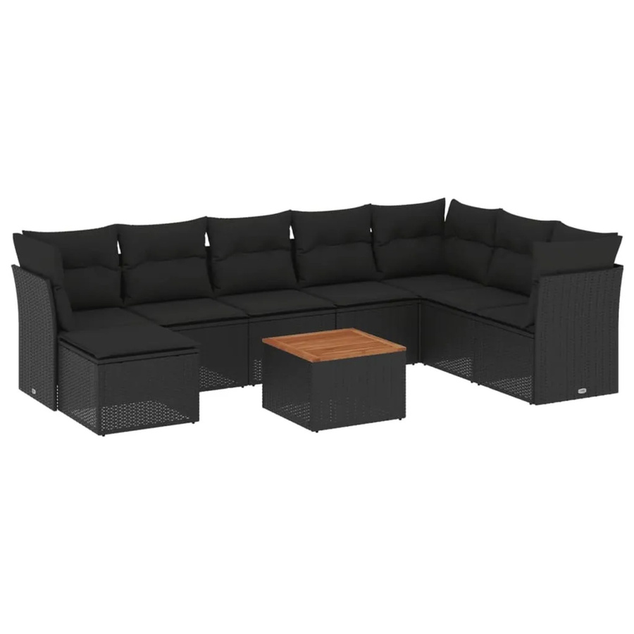 vidaXL 9-tlg Garten-Sofagarnitur in L-Form aus schwarzem Poly-Rattan mit Kissen und pulverbeschichtetem Stahlgestell - Bild 2