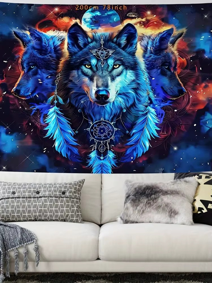 VIKAMA Wandteppich Wolf Totem im Bohemian-Stil mit Sternen und Federn, Mehrfarbig - Bild 4