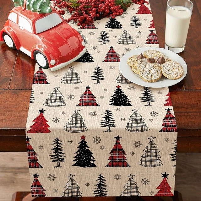 JIT Tischläufer mit Weihnachtsmotiv in Rot, Schwarz und Beige für deine Tischdekoration - Bild 1