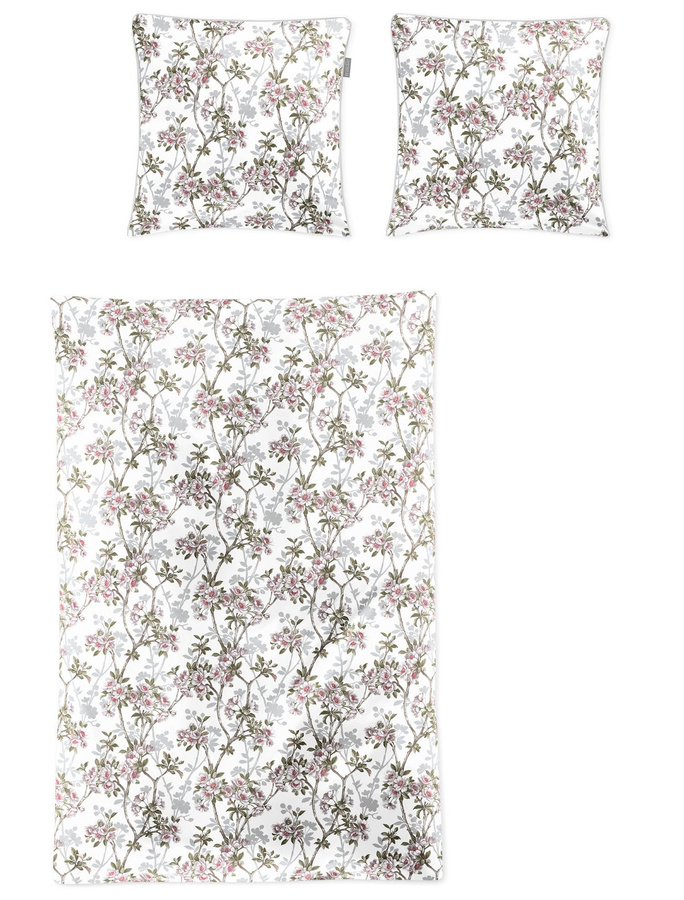 Irisette Tokio Mako-Satin Bettwäsche mit Blütenzweigen und Ranken in Weiß und Grün, B/H: 155 x 220 cm mit Kissenbezug 80 x 80 cm - Bild 1