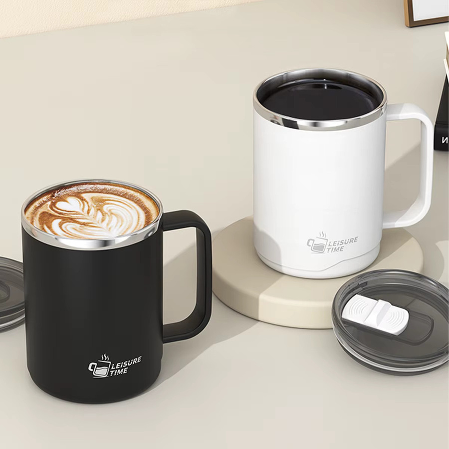 WORTHBUY Isolierte Kaffeetasse aus Edelstahl 304 mit Griff und Deckel, Doppelwandiger Wasserbecher in Schwarz oder Weiß - Bild 2