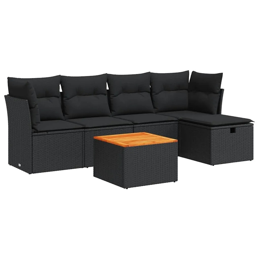 vidaXL 6-teilige Garten-Sofagarnitur in L-Form aus Poly-Rattan und Akazienholz mit Kissen in Schwarz - Bild 2