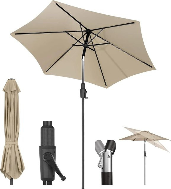 Sekey Sonnenschirm mit Kurbel und Auto-Kippfunktion in Taupe/Beige, Durchmesser: 220 cm - Bild 1