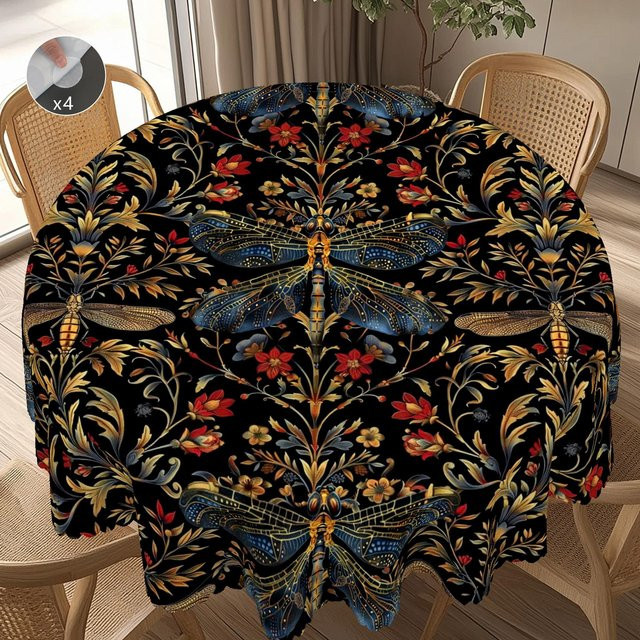JINGYUE Pet Weihnachts-Tischdecke im Vintage-Bauernhaus-Stil mit Weihnachtsmann, Rentier und Weihnachtsbaum, Rund, Durchmesser: 180 cm, Schwarz - Bild 1