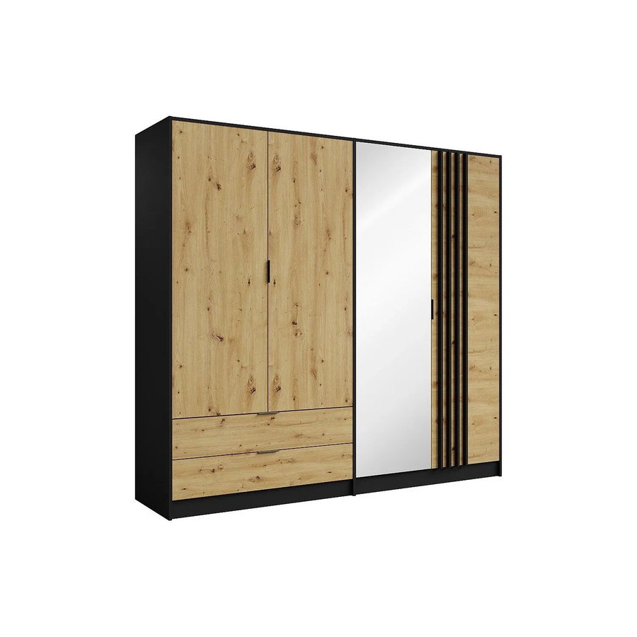Tunalo Kleiderschrank in Schwarz und Naturfarben Hell mit integrierten Schubladen und Spiegel, B/T/H: 220,5 x 54,0 x 203,0 cm - Bild 2