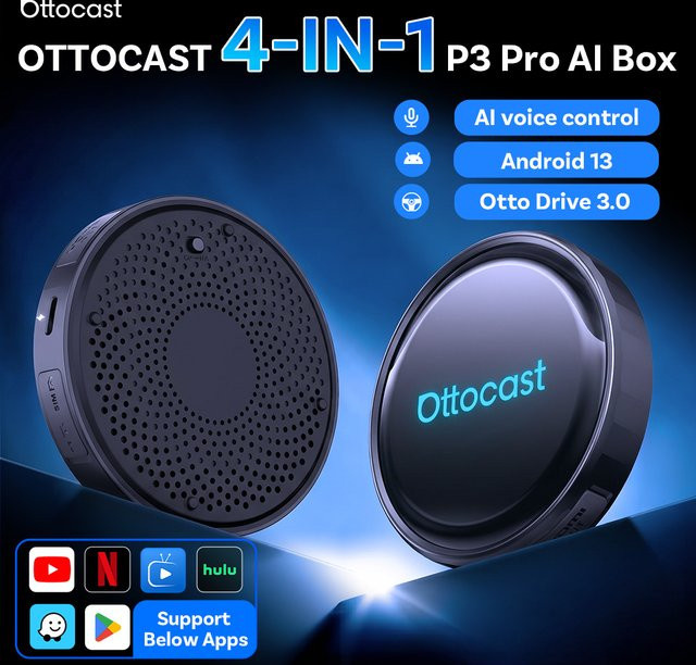 OTTOCAST P3 PRO Ai Box Android 13 TV-Box mit kabellosem CarPlay und Android Auto, schwarzer Adapter mit KI-Sprachassistent für YouTube, Netflix und TikTok via Wi-Fi und Bluetooth - Bild 1