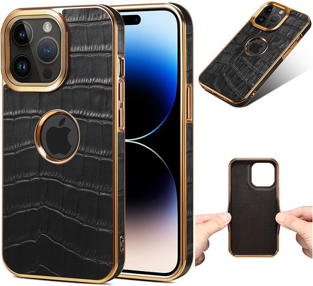 EUCAGR Luxus Handyhülle mit Krokodil-Textur aus Leder für iPhone 15 14 13 12 Pro Max Plus in Schwarz - Bild 1