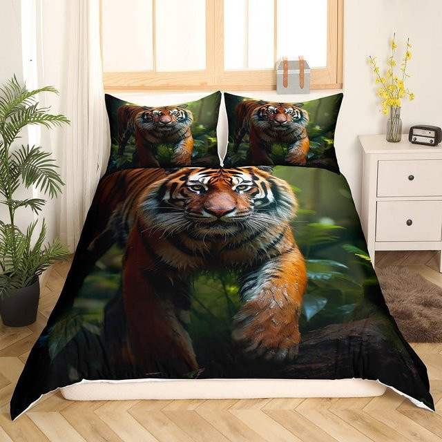 Dreiteiliges Bettwäsche-Set mit Tiger- und tropischem Pflanzenmotiv, mehrfarbig, B/H: 135 x 200 cm - Bild 1