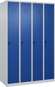 C+P Spind Classic PLUS Garderobenschrank mit 4 Abteilen, H x B x T: 185 x 120 x 50 cm, Sicherheits-Drehriegel, 4 Garderobenhaken und mittiger Trennwand, Stahl, grau/blau - Bild 1