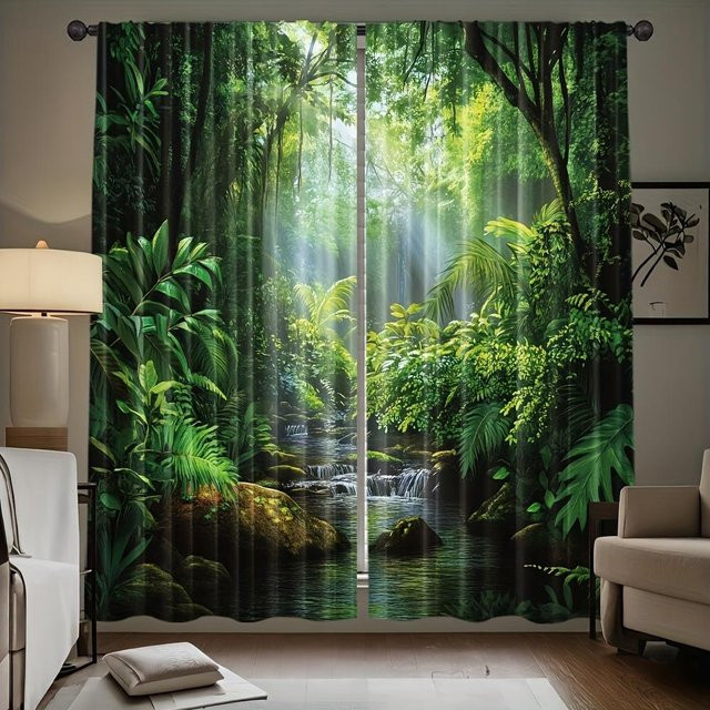 JFCurtain Verdunkelungsvorhänge Tropischer Wald, 2er-Set, Grau/Grün, Polyester, B: 60 cm, H: 150 cm - Bild 1