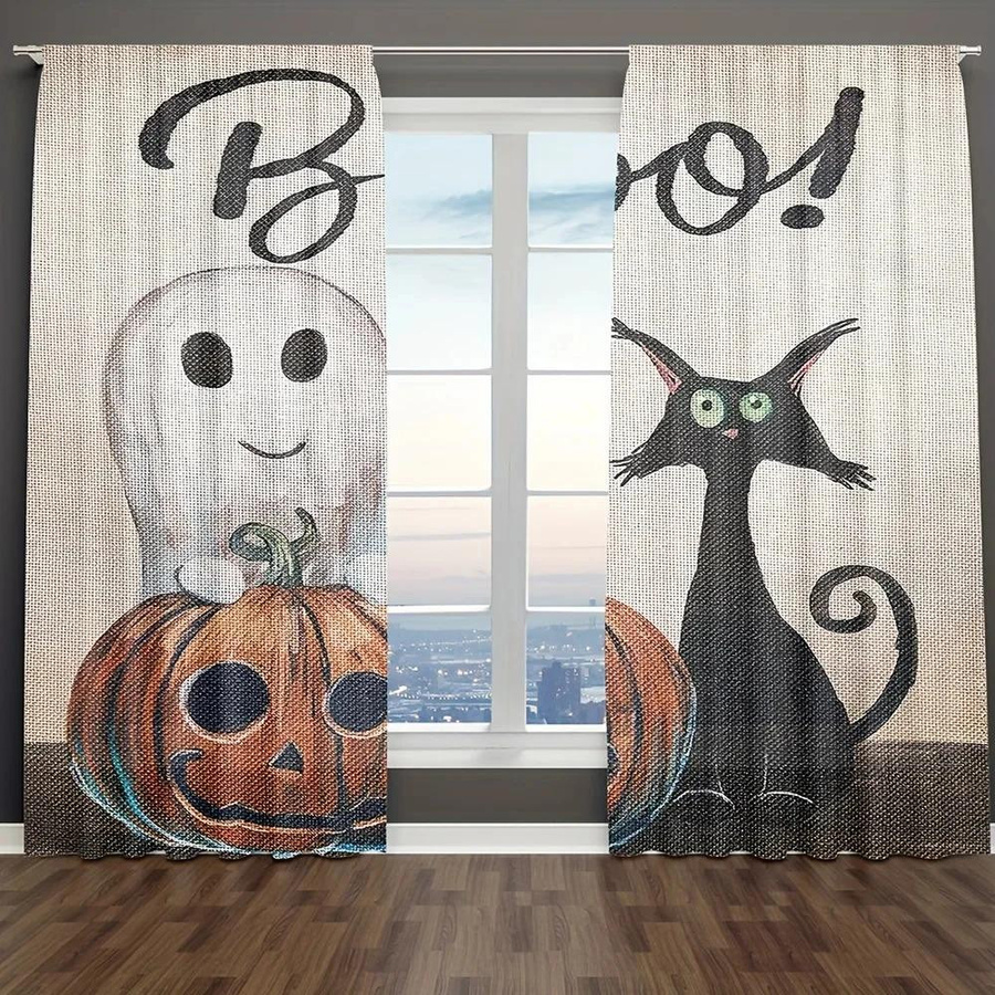 Yiran Furniture Halloween Vorhänge mit Geist, Kürbis und schwarzer Katze, verdunkelnd, B: 55 cm, H: 120 cm - Bild 1
