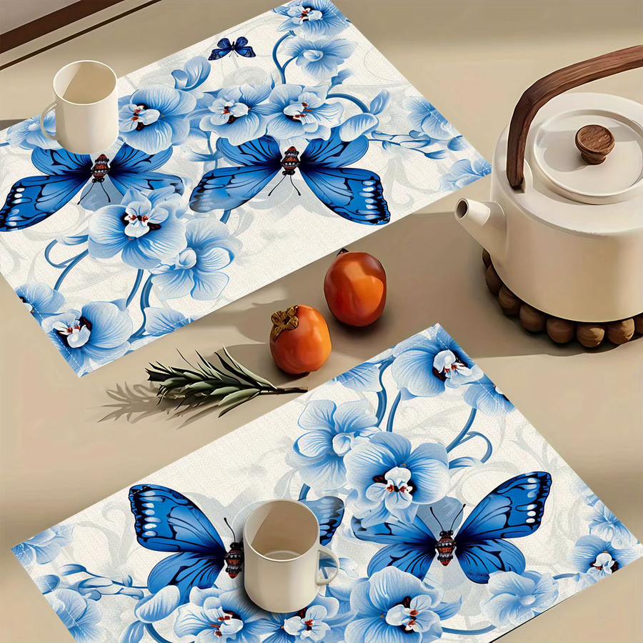 VIKAMA 4-teiliges Tischset aus Leinen mit Blumen- und Schmetterlingsmuster in Blau und Weiß, rechteckig, B/T: 45 x 30 cm - Bild 3