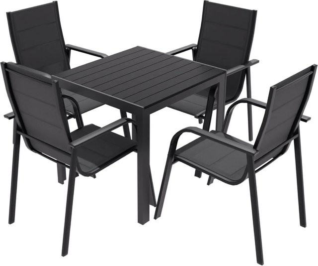 Lex Gartenmöbel Set aus Aluminium mit 5-teiliger Essgruppe, gepolsterte Stapelsessel in Anthrazit und Schwarz - Bild 1