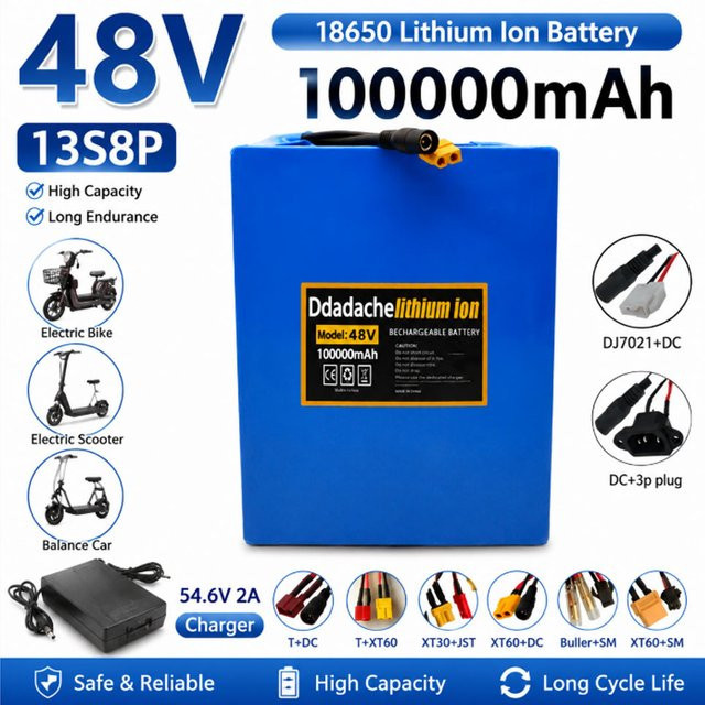 13S8P 48V 100Ah Lithium-Batterie mit 18650 Klasse A Zellen, 2000W BMS, XT60 und JST Anschlüssen, Hochkapazitäts-Akku für E-Bike und Scooter, Blau - Bild 1