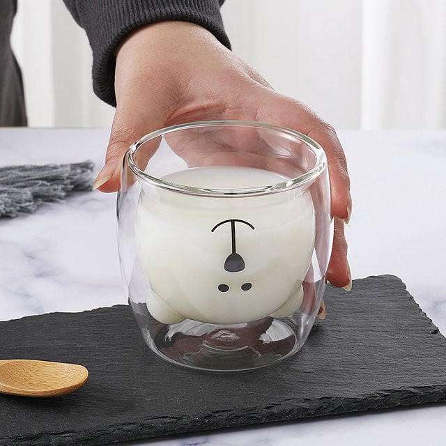 Kreative Doppelwandige Borosilikat Glas Tasse mit Bär und Katzenpfoten Design, Transparent, 250 ml - Bild 1