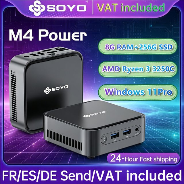 SOYO M4 Power Mini-PC mit AMD Ryzen 3 3250C, 8GB DDR4, 256GB M.2 SSD, Windows 11 Pro, Schwarz - Bild 1