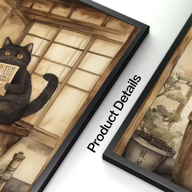 Potdemiel Retro Leinwandgemälde Japanische schwarze Katze mit Mond als Wandkunst zur Heimdekoration - Bild 3