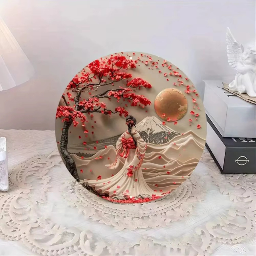 HELLOYOUNG Wanddekoration aus Metall mit japanischer Frau im Kimono und Kirschblüten-Illustration in Mehrfarbig - Bild 3