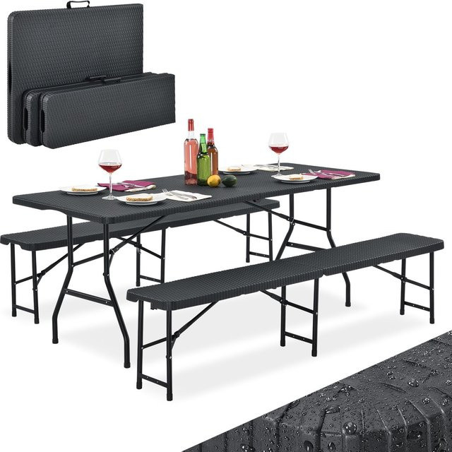 Juskys Bierzeltgarnitur Amberg 3-teilig aus Kunststoff in Rattan-Optik Schwarz, B/T/H: 180 x 74 x 74 cm - Bild 2