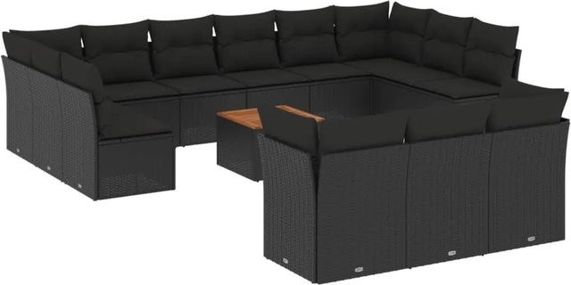 vidaXL 14-teilige Garten-Sofagarnitur aus Poly-Rattan und Akazienholz in Schwarz mit Kissen - Bild 1